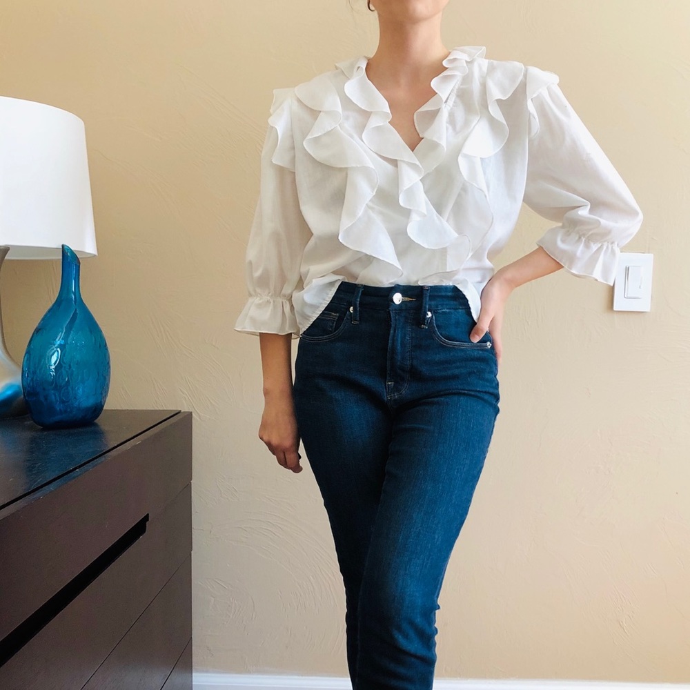 Vintage White Ruffled V-Neck Blouse
